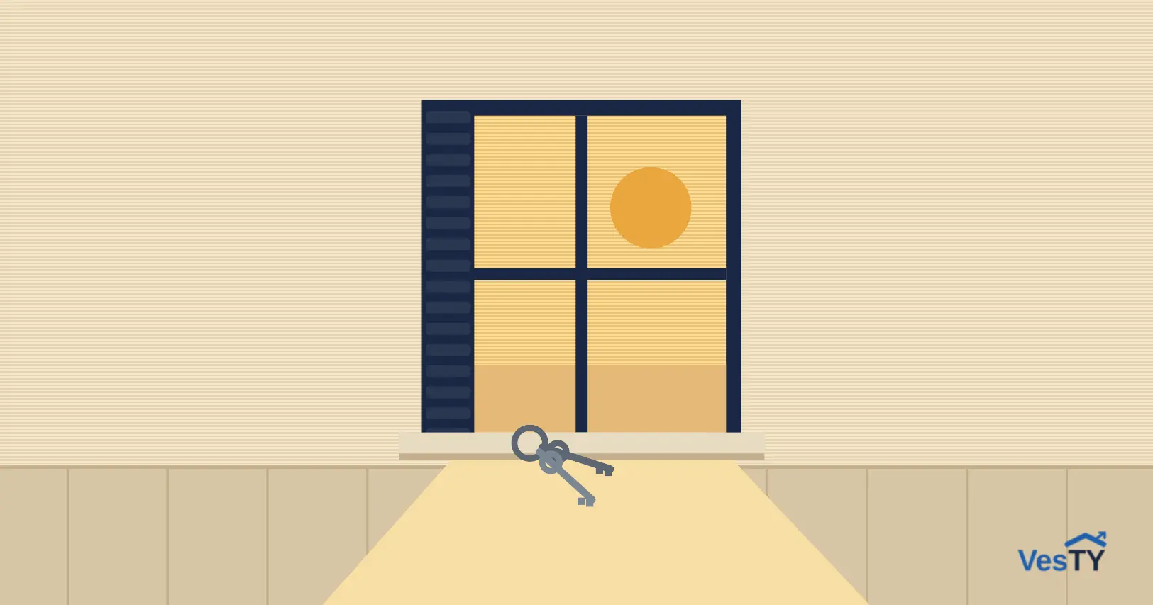 Intérieur d'un logement en location traversé par le soleil d'été, un jeu de clés posé sur le rebord de la fenêtre