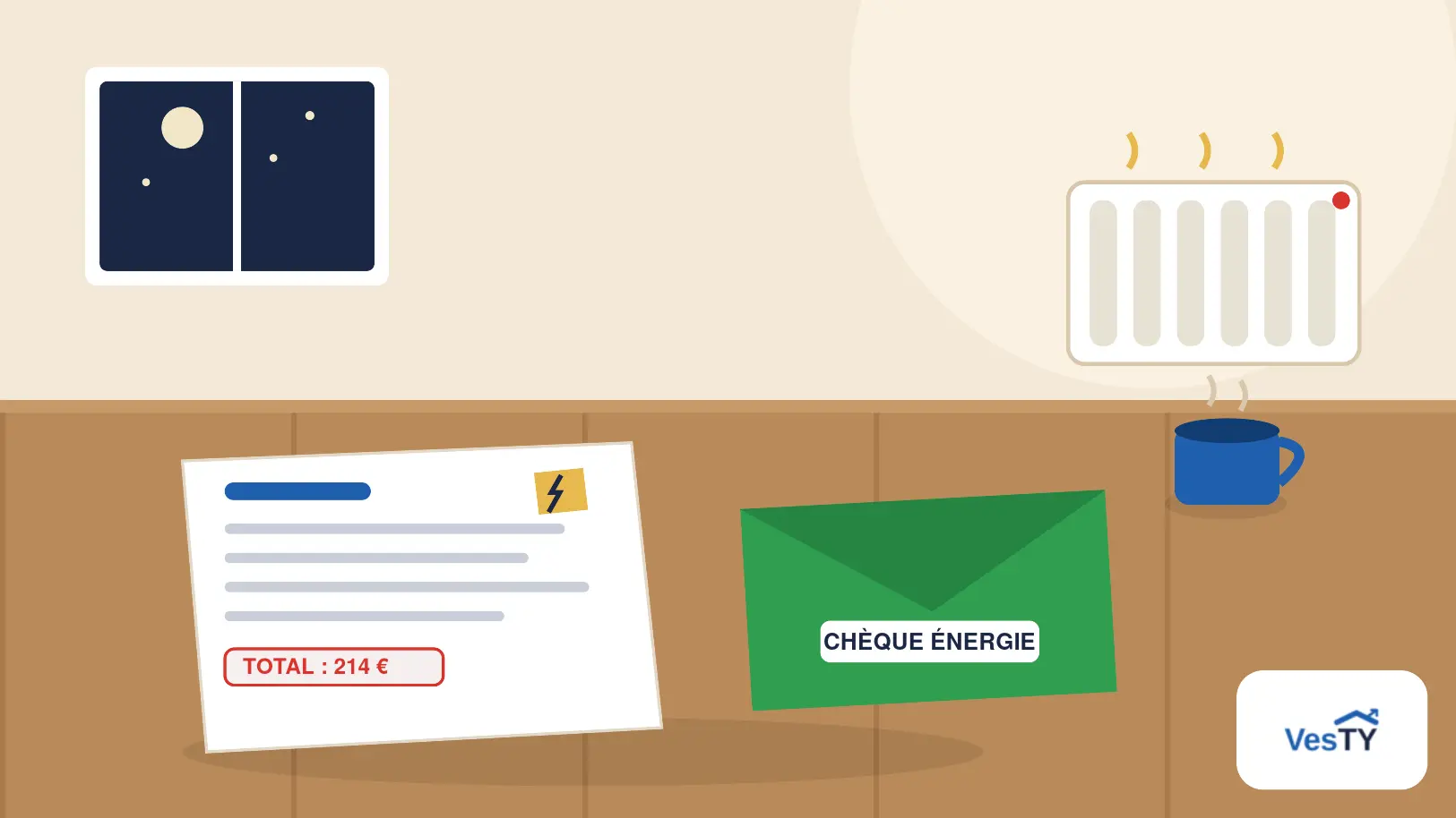 Une enveloppe verte posée sur une table de cuisine à côté d'une facture d'électricité, d'une tasse et d'un radiateur en arrière-plan