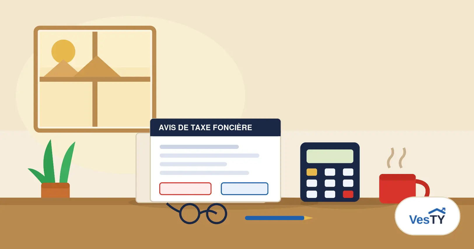 Un avis de taxe foncière posé sur une table en bois près d'une calculatrice, d'une paire de lunettes et d'une tasse de café, dans la lumière dorée d'une fin de journée