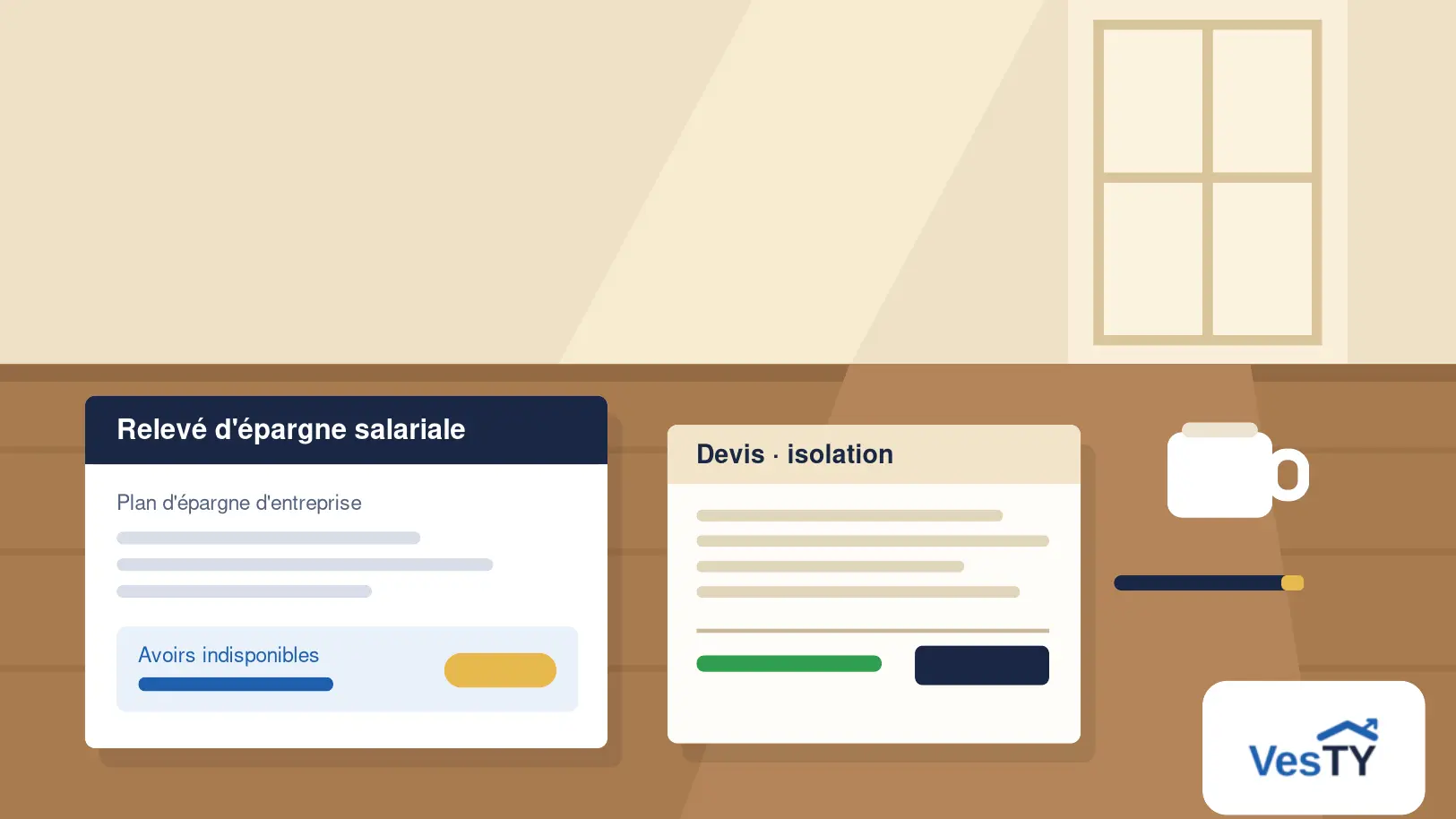 Un relevé d'épargne salariale et un devis de travaux posés côte à côte sur un bureau en bois, avec un ordinateur portable ouvert et une tasse de café dans la lumière du matin