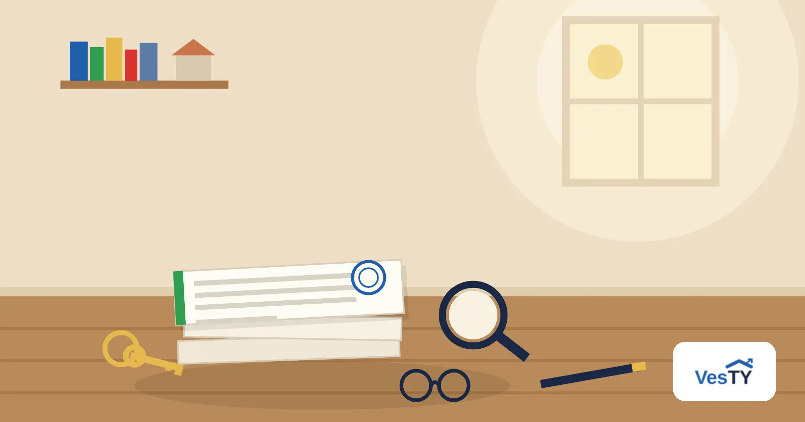 Une pile de rapports de diagnostics immobiliers posée sur un bureau en bois près d'un trousseau de clés, d'une paire de lunettes et d'un stylo, dans la lumière chaude d'une fin d'après-midi