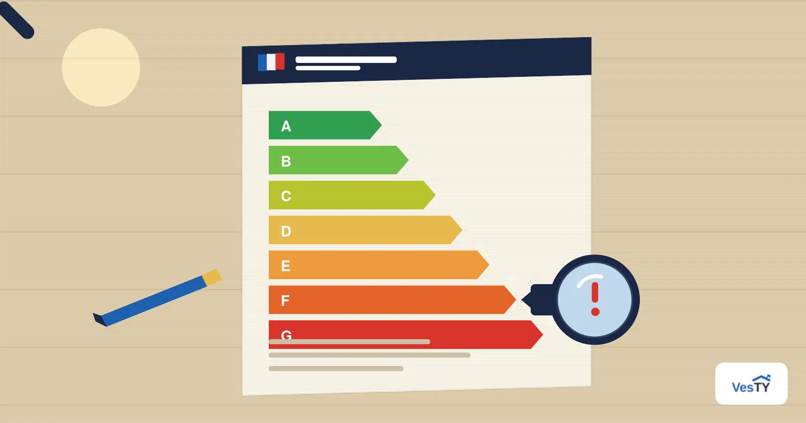 Rapport de DPE posé sur une table, étiquette énergie visible, à côté d'un stylo et d'une loupe
