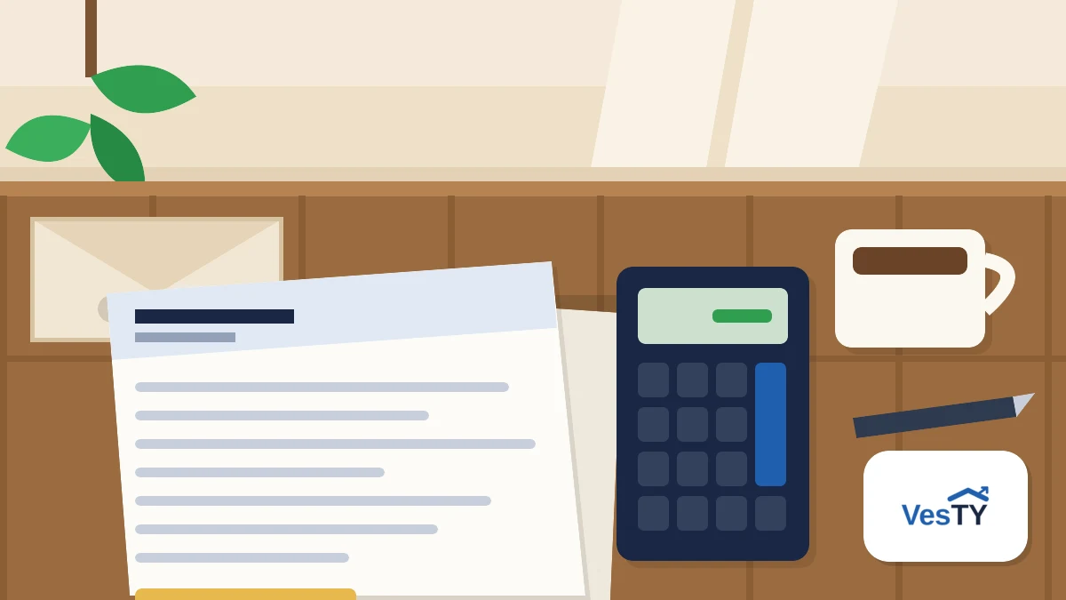 Un avis de taxe foncière posé sur une table en bois à côté d'une enveloppe ouverte, d'une calculatrice et d'une tasse, dans la lumière chaude de la fin d'été