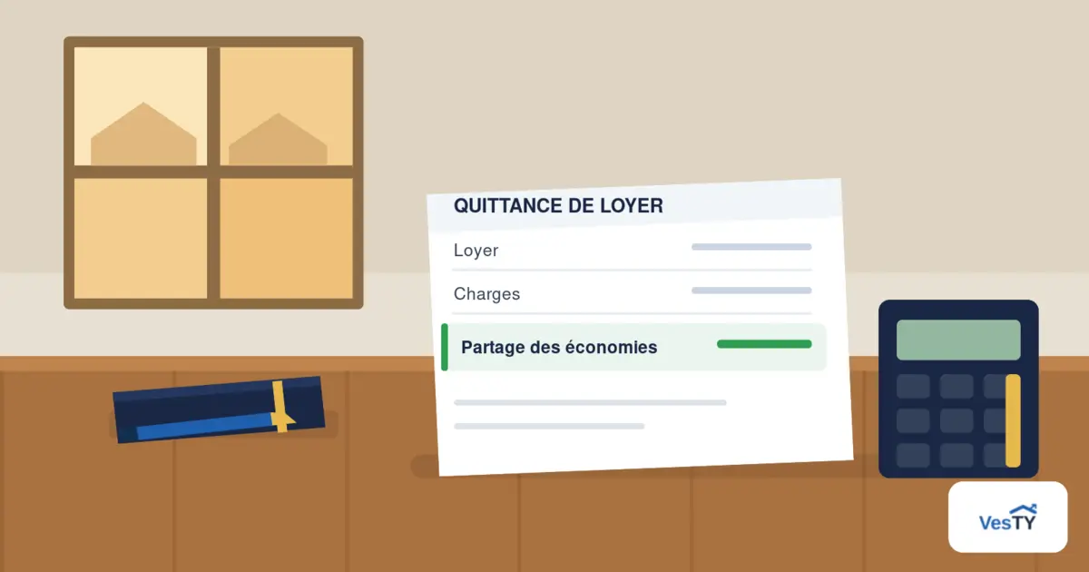 Une quittance de loyer, une calculatrice et un carnet posés sur une table en bois près d'une fenêtre, en fin de journée