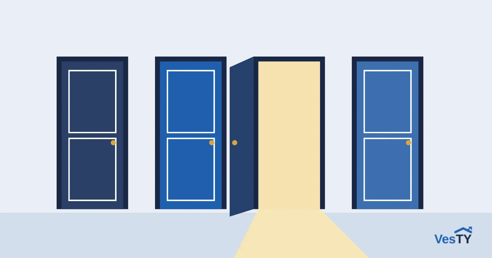 Plusieurs portes côte à côte symbolisant les différents parcours de MaPrimeRénov, à ne pas confondre