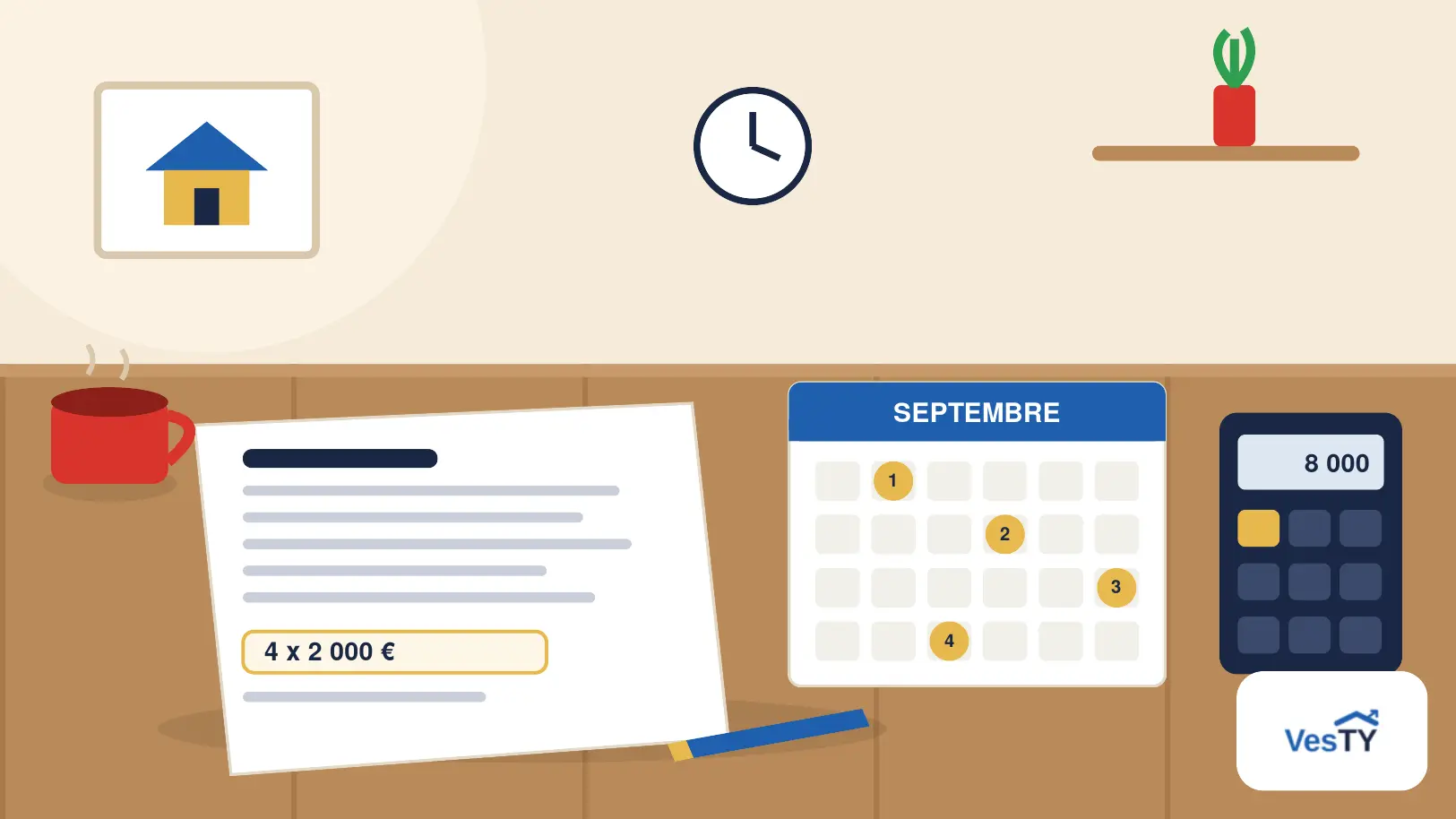 Un devis de travaux, une calculatrice et un calendrier posés sur une table de cuisine, quatre dates entourées au stylo