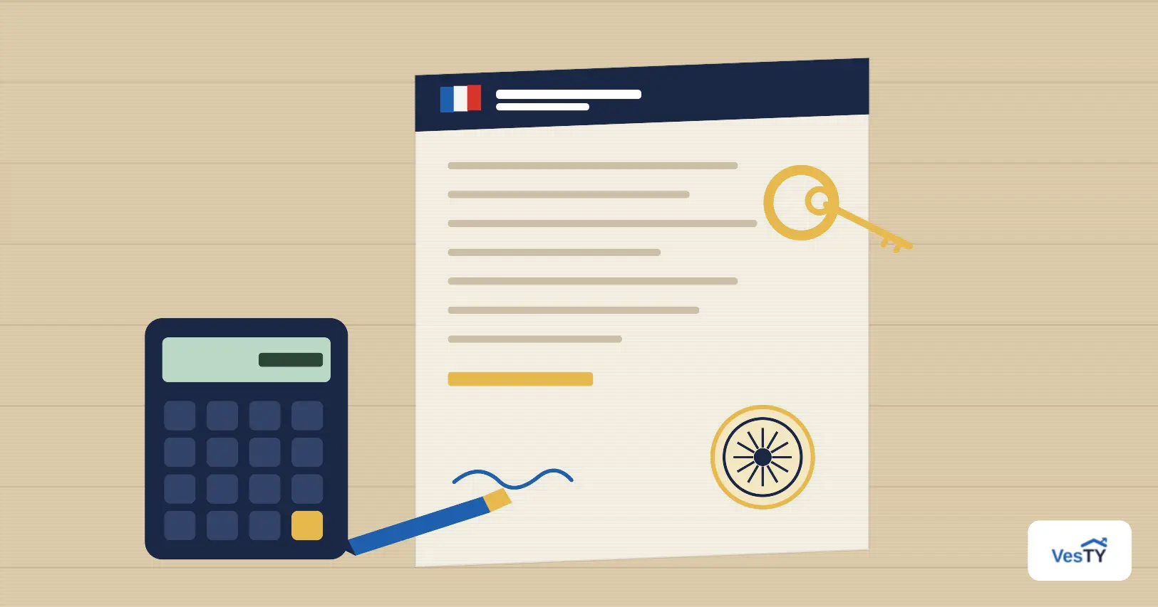 Clés et calculatrice posées sur un acte de vente immobilier chez le notaire