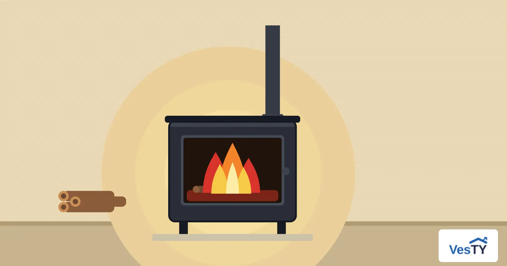 Poêle à bois allumé dans un salon, flambée visible derrière la vitre
