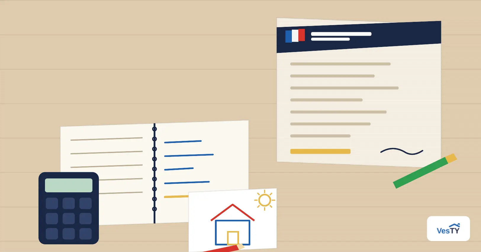 Plan de travail d'une cuisine familiale en cours de rénovation, un carnet de comptes ouvert à côté d'un courrier de la CAF