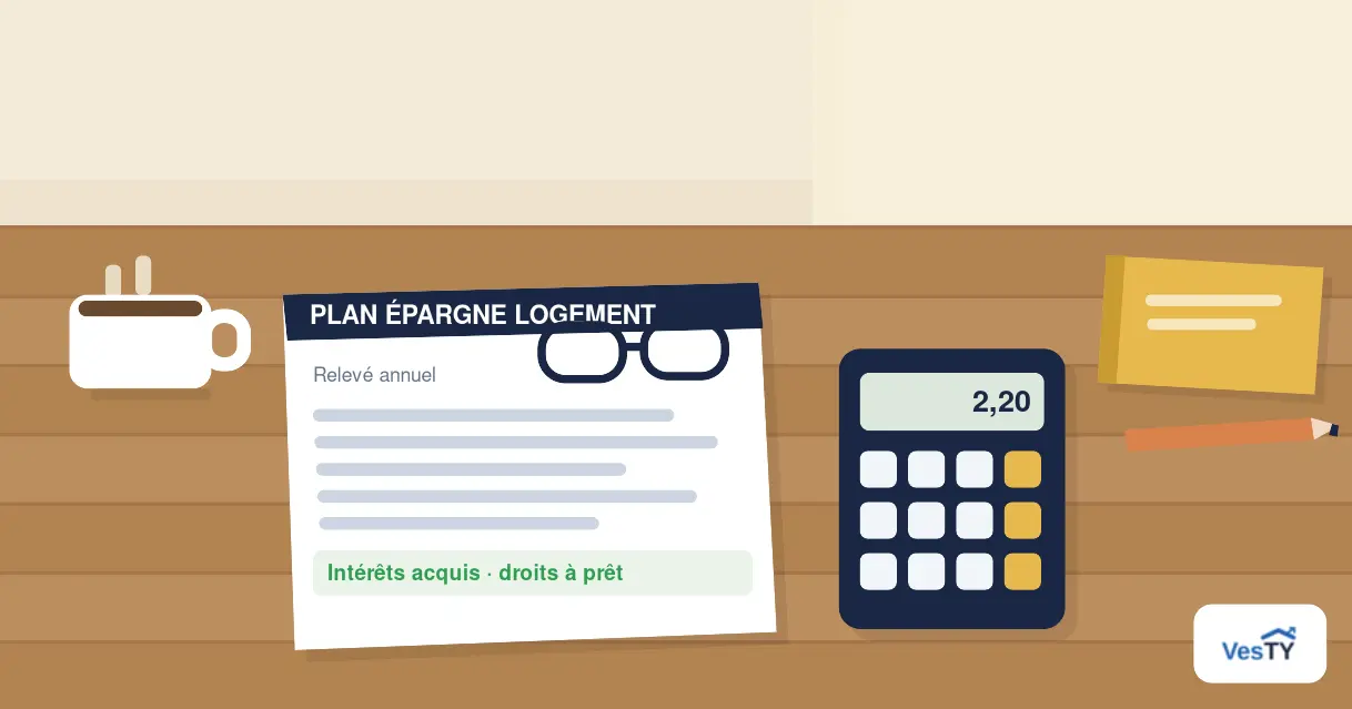 Un relevé de plan épargne logement posé sur une table en bois près d'une calculatrice, d'un carnet et d'une paire de lunettes, dans une lumière chaude de fin de journée