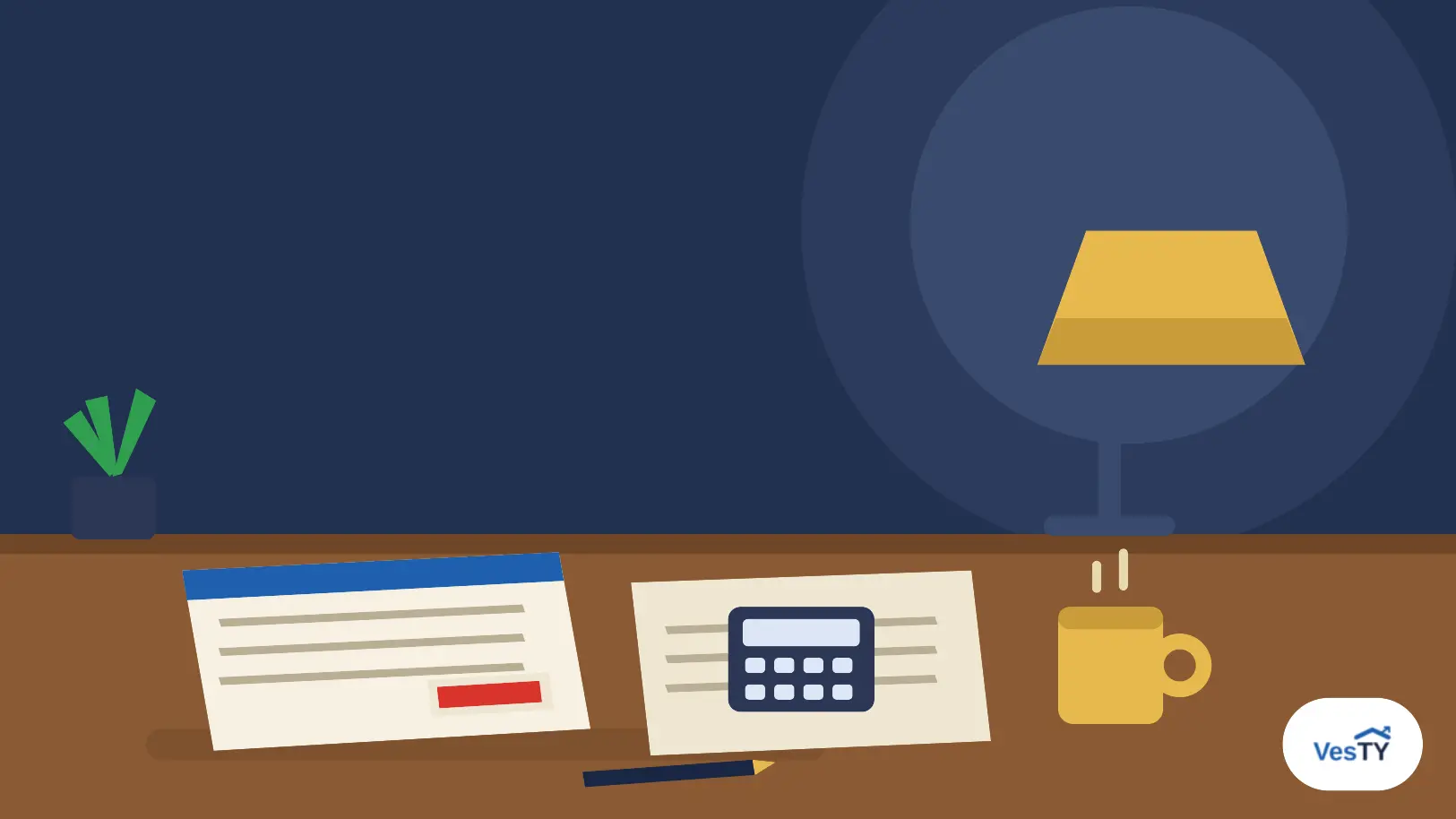 Table de salle à manger le soir, avis d'imposition et devis posés près d'une calculatrice et d'une tasse, lampe à la lumière chaude et carnet ouvert sur une page de budget