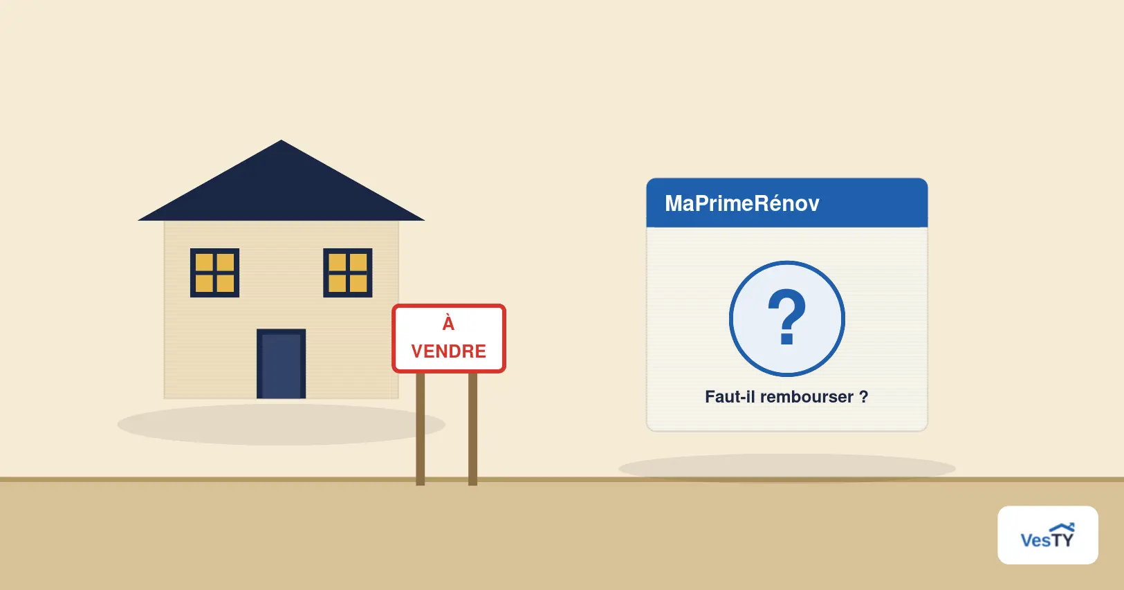 Panneau à vendre devant une maison rénovée, avec un dossier MaPrimeRénov et un point d'interrogation sur le remboursement
